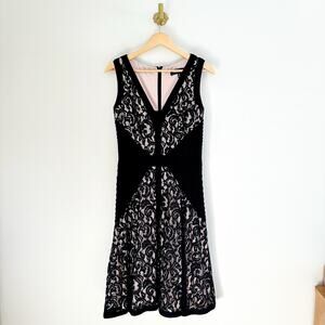 Tadashi Shoji Floral Lace Jersey Fit & Flare V-Neck Mini Dress Black 8